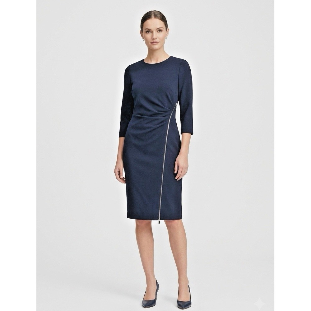 Calvin Klein Zip Trim Sheath Dress Size 10 Dark Blue 3/4 Sleeve Ruched Tummy